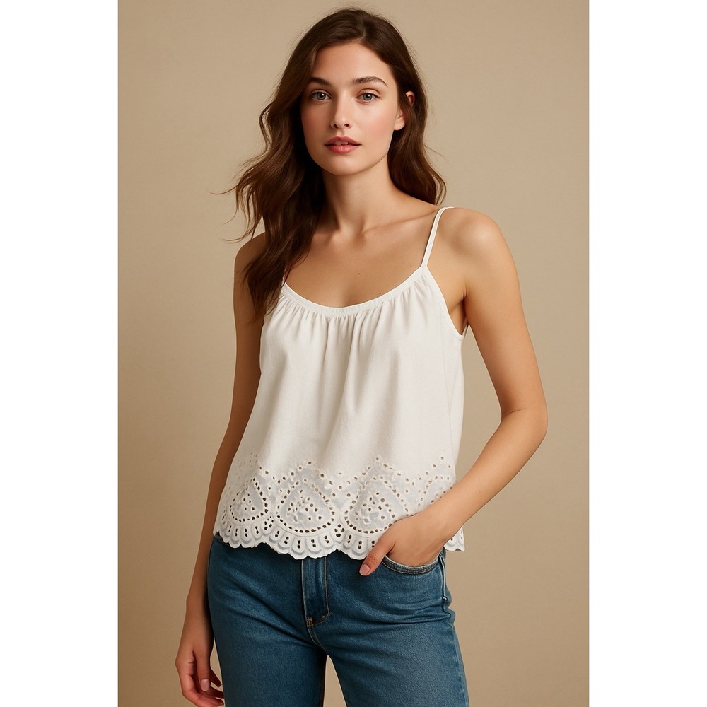 H&M Women's White Eyelet Cotton Tank Top Small Eyelet‎ Lace Cami Romantic Boho
